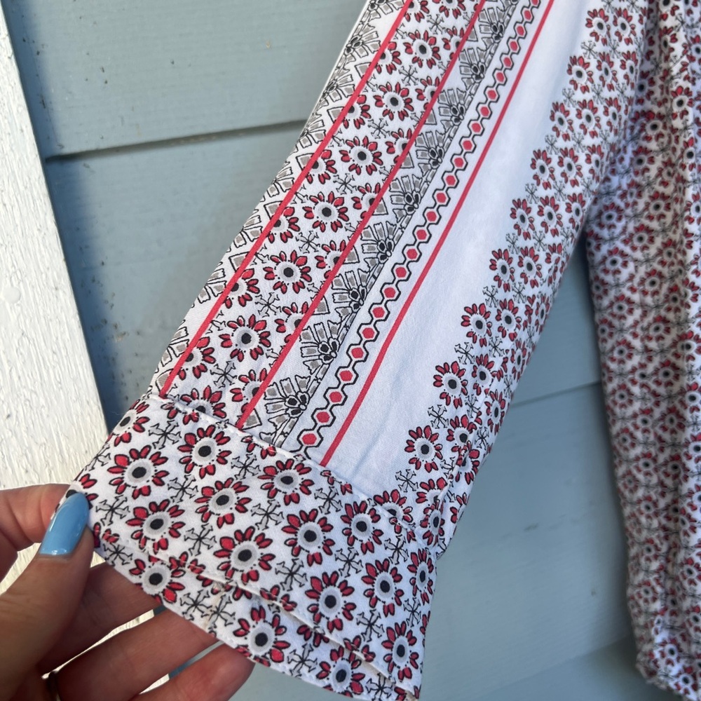 Women's Floral V-Neck Blouse - Coral/Red and White - Picture 2 of 7